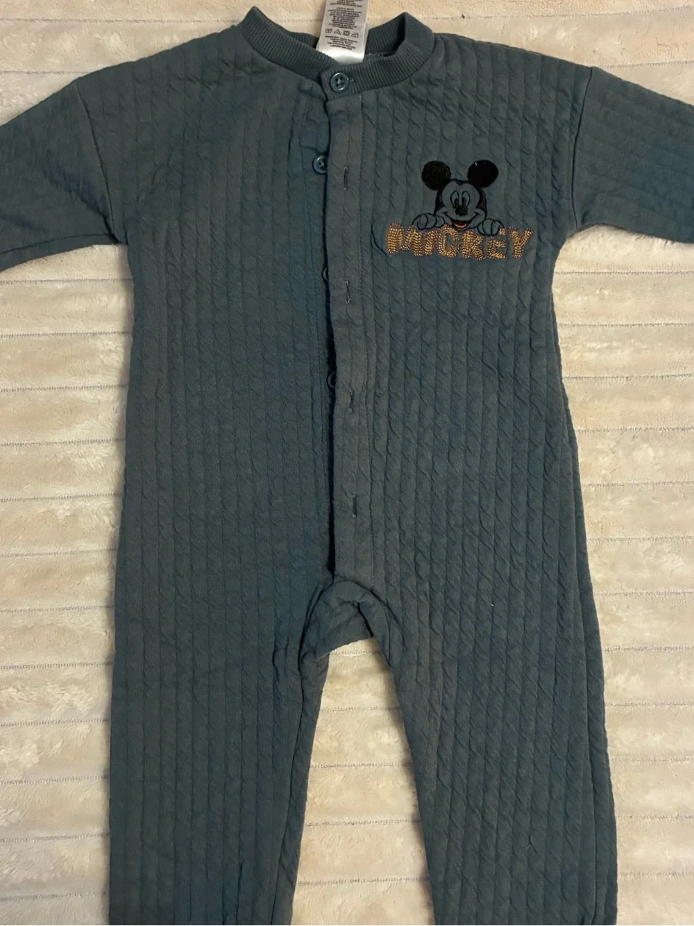Disney Baby 6-9M Quilted Mickey Mouse Romper Dusty Blue Button Front Embroidered